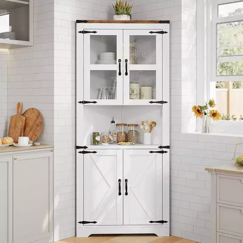 Meuble d'angle haut de 175 cm, Meuble de rangement d'angle style ferme, Rangement peu encombrant, Porte vitrée, Étagères réglables, pour Salon, Cuisine