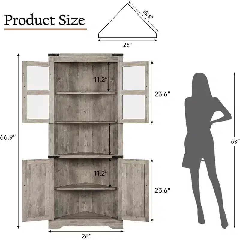 Meuble d'angle haut de 175 cm, Meuble de rangement d'angle style ferme, Rangement peu encombrant, Porte vitrée, Étagères réglables, pour Salon, Cuisine