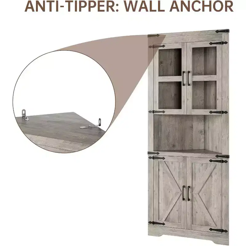 Meuble d'angle haut de 175 cm, Meuble de rangement d'angle style ferme, Rangement peu encombrant, Porte vitrée, Étagères réglables, pour Salon, Cuisine