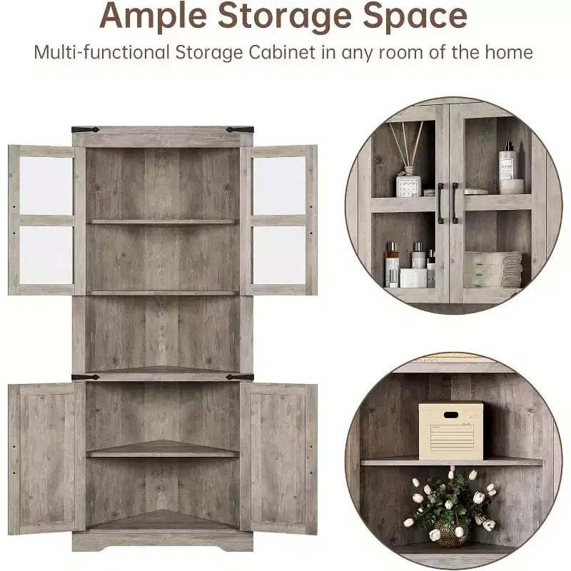 Meuble d'angle haut de 175 cm, Meuble de rangement d'angle style ferme, Rangement peu encombrant, Porte vitrée, Étagères réglables, pour Salon, Cuisine