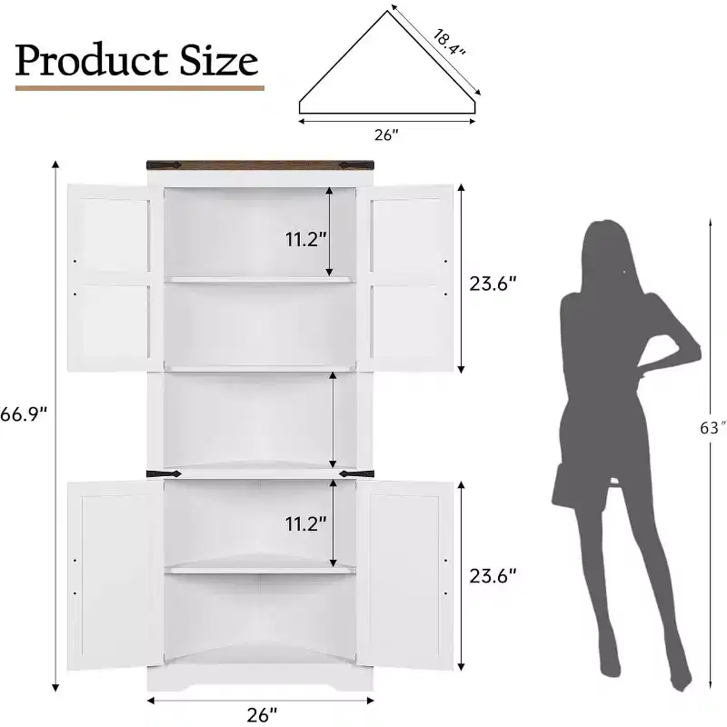 Meuble d'angle haut de 175 cm, Meuble de rangement d'angle style ferme, Rangement peu encombrant, Porte vitrée, Étagères réglables, pour Salon, Cuisine