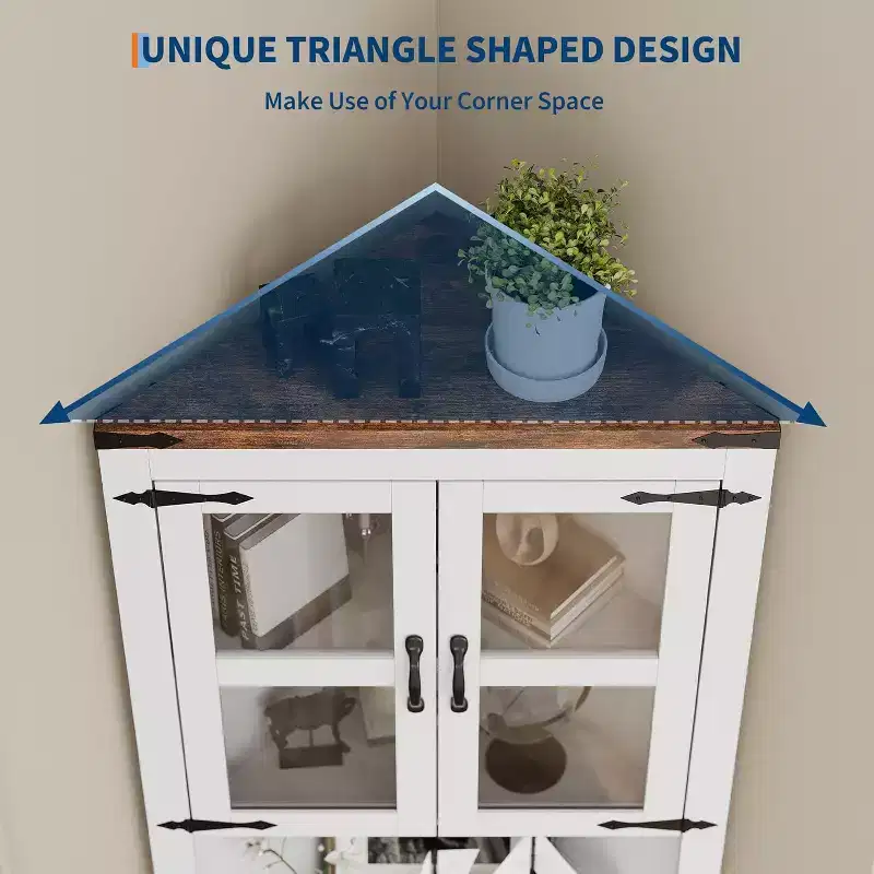 Meuble d'angle haut de 175 cm, Meuble de rangement d'angle style ferme, Rangement peu encombrant, Porte vitrée, Étagères réglables, pour Salon, Cuisine