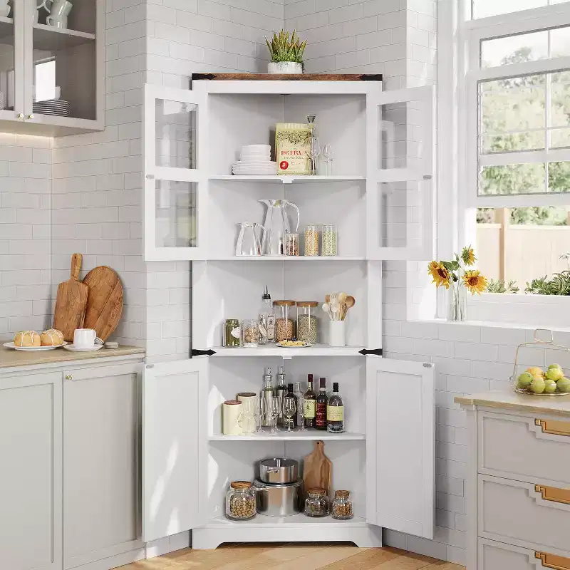 Meuble d'angle haut de 175 cm, Meuble de rangement d'angle style ferme, Rangement peu encombrant, Porte vitrée, Étagères réglables, pour Salon, Cuisine