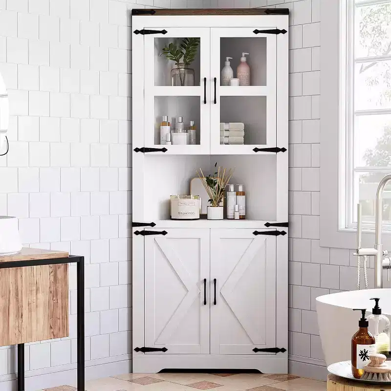 Meuble d'angle haut de 175 cm, Meuble de rangement d'angle style ferme, Rangement peu encombrant, Porte vitrée, Étagères réglables, pour Salon, Cuisine