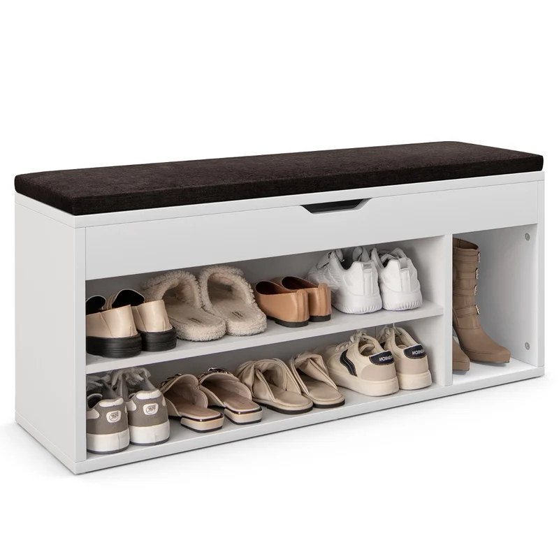 Banc à chaussures 104 x 30 x 48 cm avec 3 étagères et coussin moelleux design moderne en mdf blanc 20_0010589