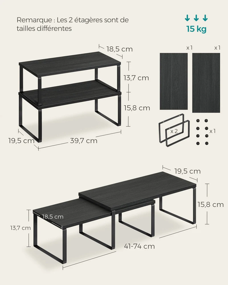 Étagères à épices lot de 2 organisateurs de cuisine étagères de plan de travail supports pour placard empilables en métal et MDF noir 12_0005821