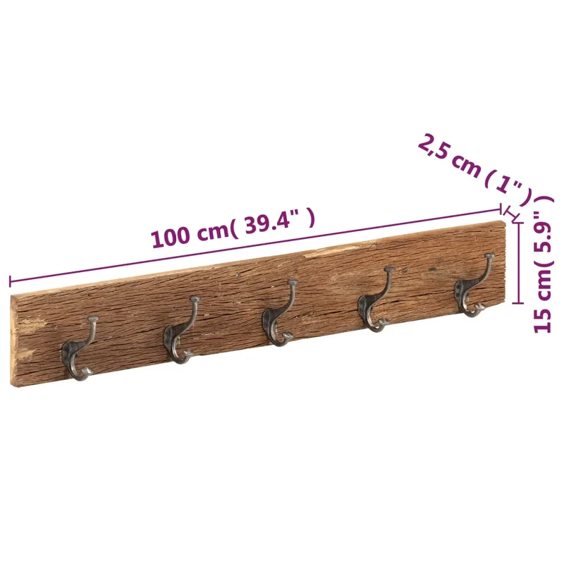 Cintre de couloir en bois de récupération avec 5 crochets pratique design moderne 100 x 2,5 x 15 cm en bois marron 02_0046710