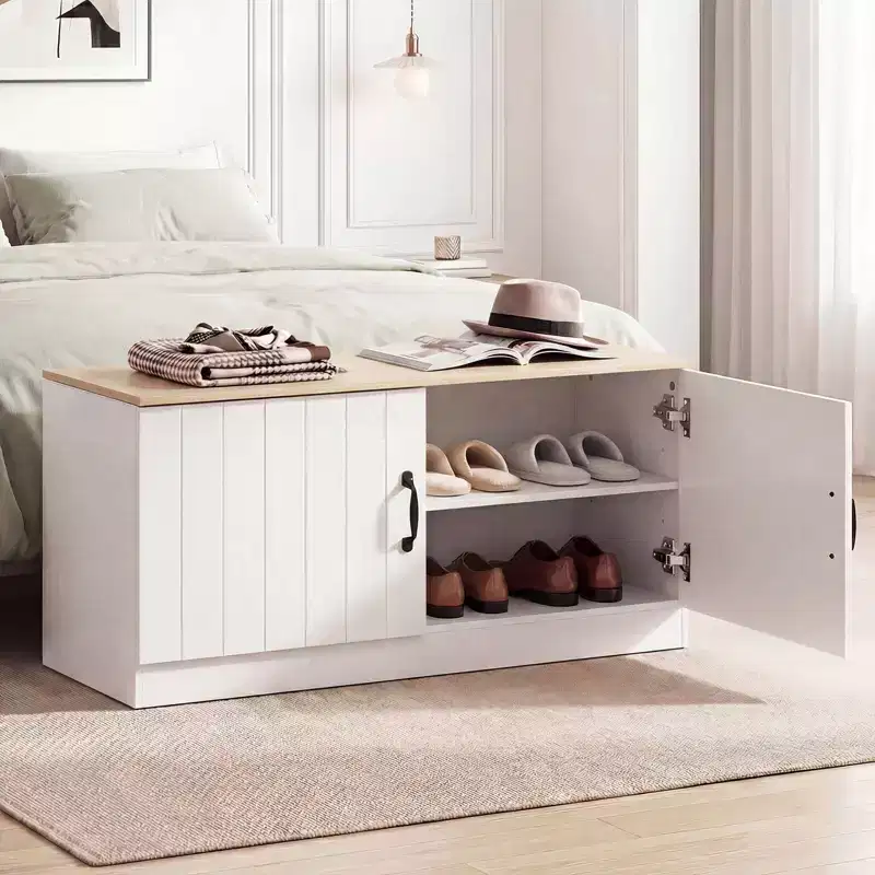 Banc à chaussures 2 portes avec étagères réglables et espace de rangement caché Naturel + Blanc/Blanc