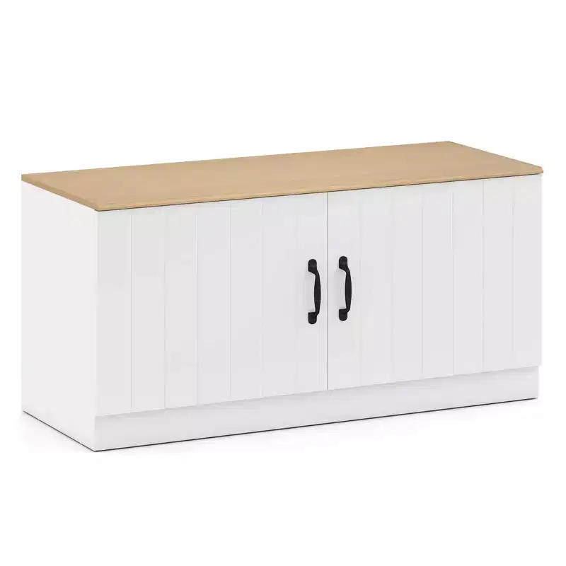 Banc à chaussures 2 portes avec étagères réglables et espace de rangement caché Naturel + Blanc/Blanc