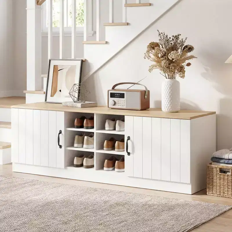 Banc à chaussures 2 portes avec étagères réglables et espace de rangement caché Naturel + Blanc/Blanc