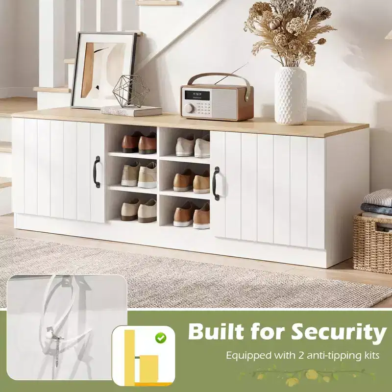 Banc à chaussures 2 portes avec étagères réglables et espace de rangement caché Naturel + Blanc/Blanc