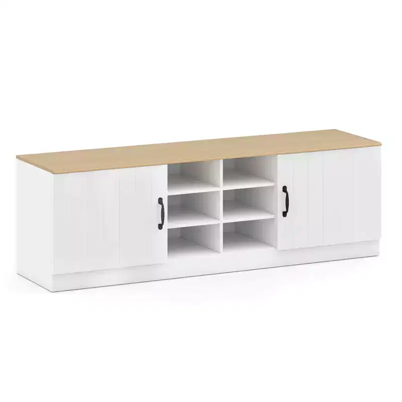 Banc à chaussures 2 portes avec étagères réglables et espace de rangement caché Naturel + Blanc/Blanc