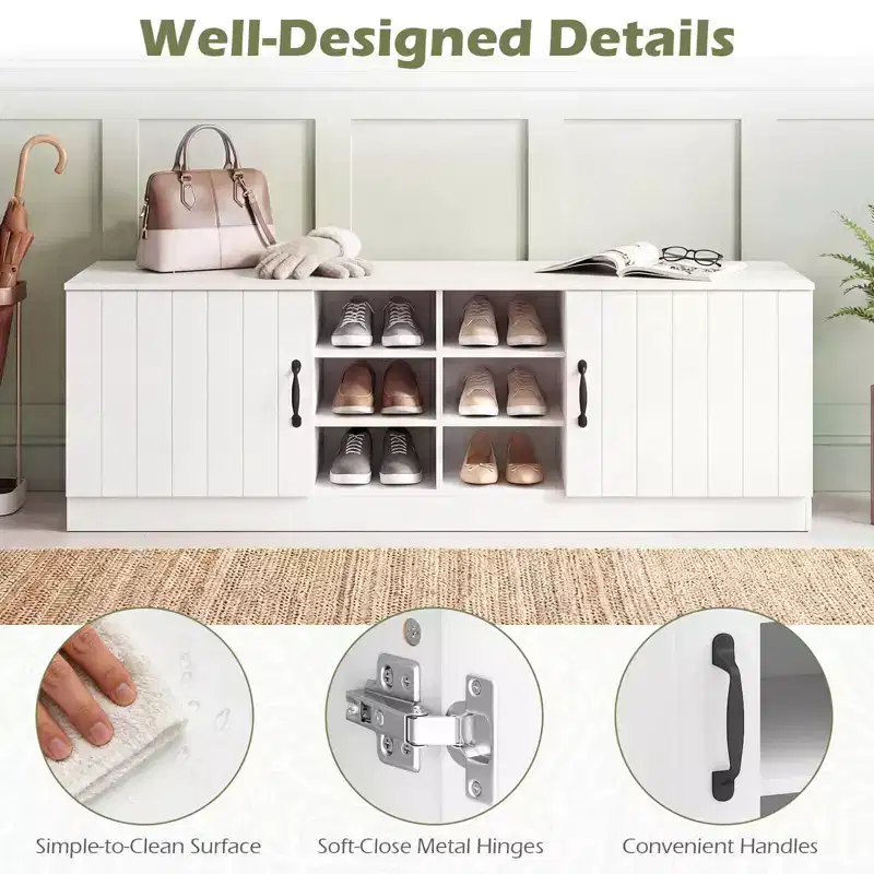 Banc à chaussures 2 portes avec étagères réglables et espace de rangement caché Naturel + Blanc/Blanc
