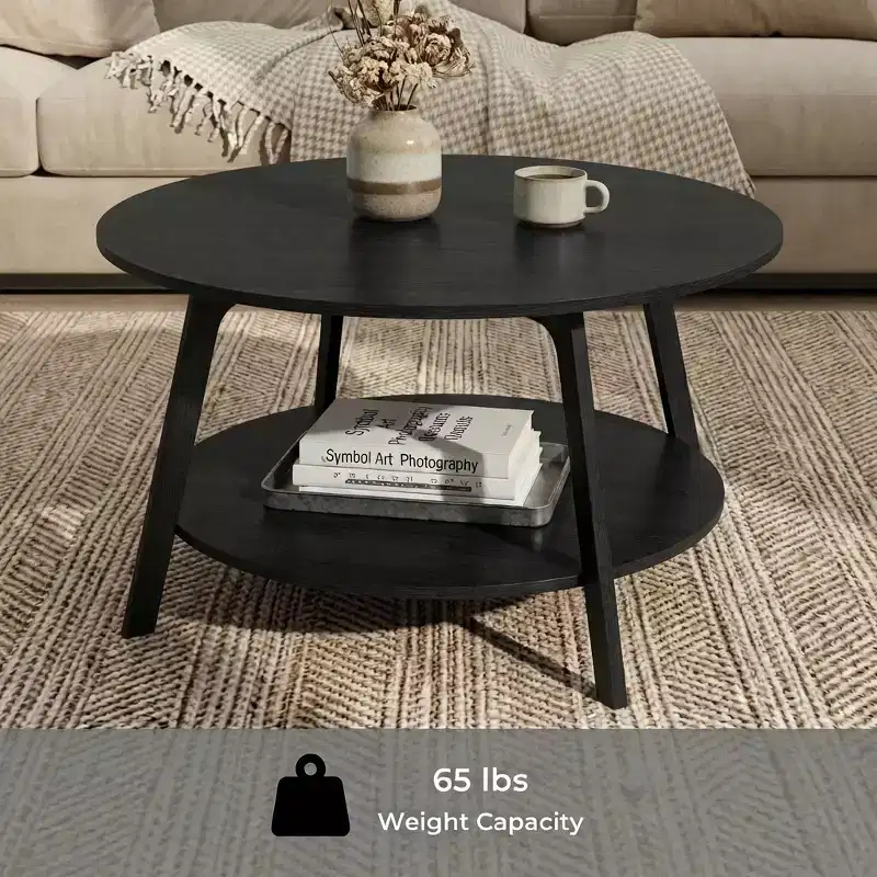 Table basse ronde marron miel avec 2 niveaux de rangement, mesurant 80 x 45 cm, idéale pour le salon