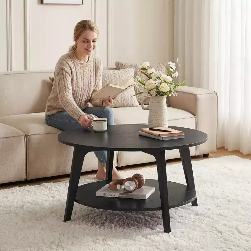 Table basse ronde marron miel avec 2 niveaux de rangement, mesurant 80 x 45 cm, idéale pour le salon