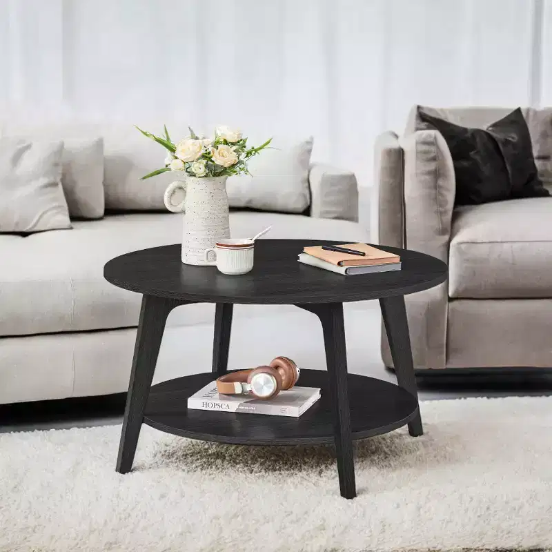 Table basse ronde marron miel avec 2 niveaux de rangement, mesurant 80 x 45 cm, idéale pour le salon