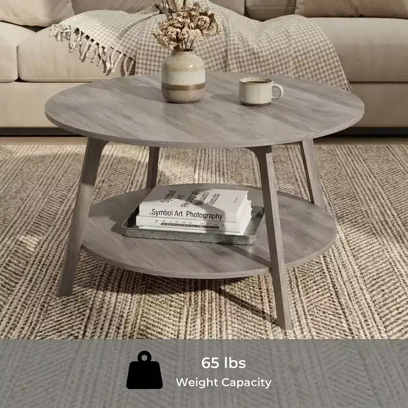 Table basse ronde marron miel avec 2 niveaux de rangement, mesurant 80 x 45 cm, idéale pour le salon