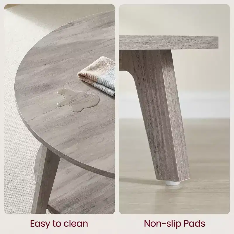 Table basse ronde marron miel avec 2 niveaux de rangement, mesurant 80 x 45 cm, idéale pour le salon