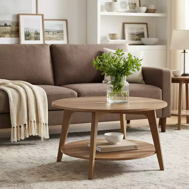 Table basse ronde marron miel avec 2 niveaux de rangement, mesurant 80 x 45 cm, idéale pour le salon