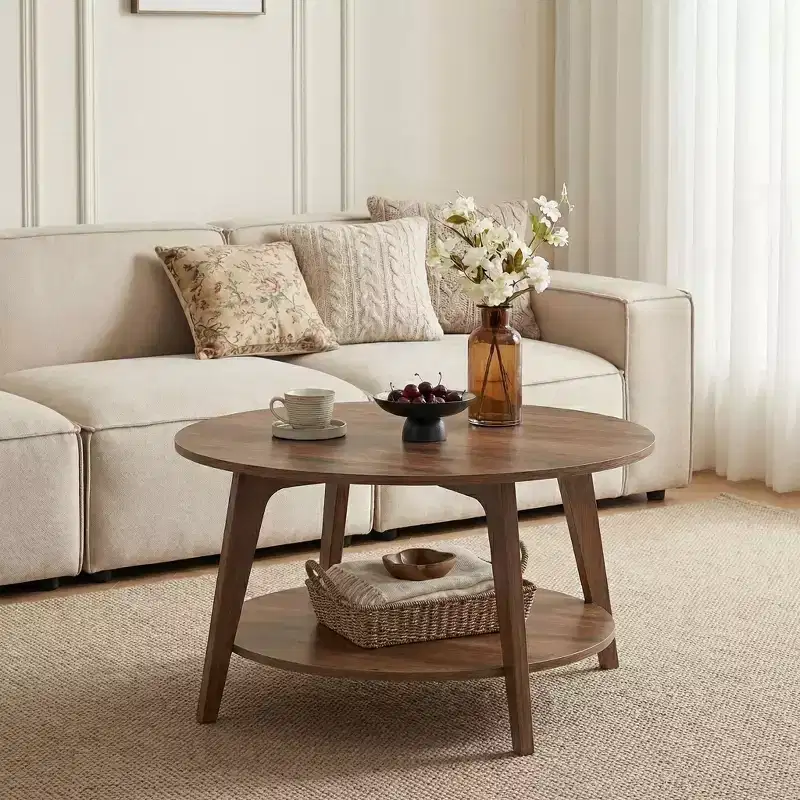 Table basse ronde marron miel avec 2 niveaux de rangement, mesurant 80 x 45 cm, idéale pour le salon