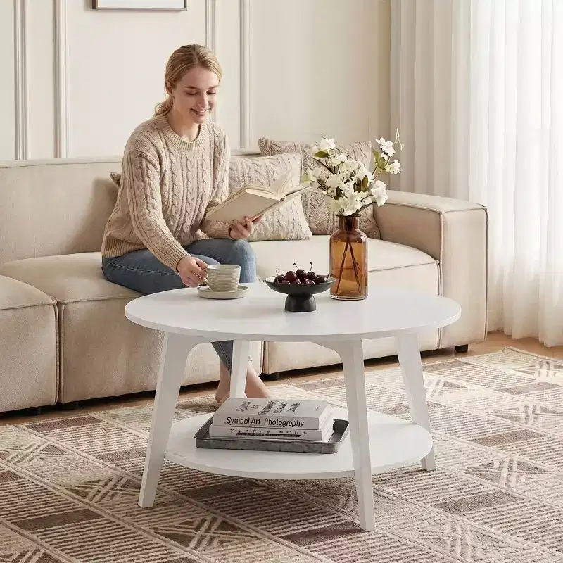 Table basse ronde marron miel avec 2 niveaux de rangement, mesurant 80 x 45 cm, idéale pour le salon