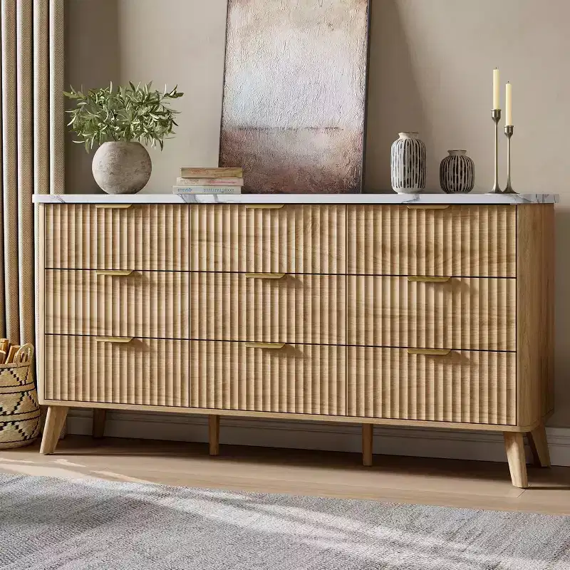 Commode cannelée à 9 tiroirs, commode moderne, meuble TV en bois, design à profil incurvé, pour salon, couloir