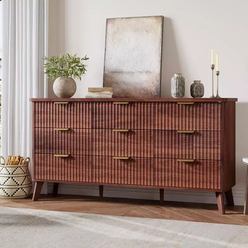 Commode cannelée à 9 tiroirs, commode moderne, meuble TV en bois, design à profil incurvé, pour salon, couloir