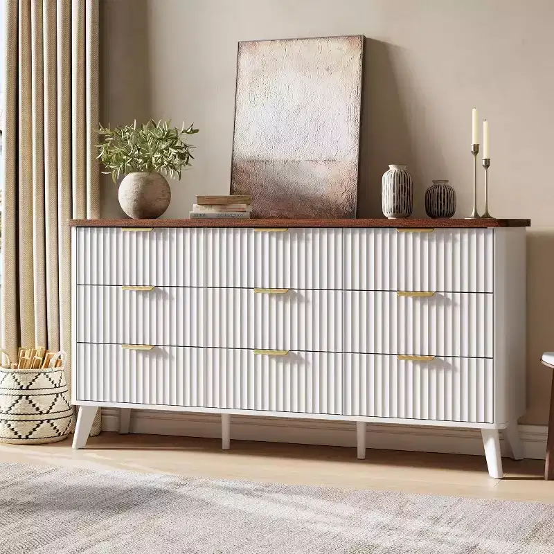 Commode cannelée à 9 tiroirs, commode moderne, meuble TV en bois, design à profil incurvé, pour salon, couloir