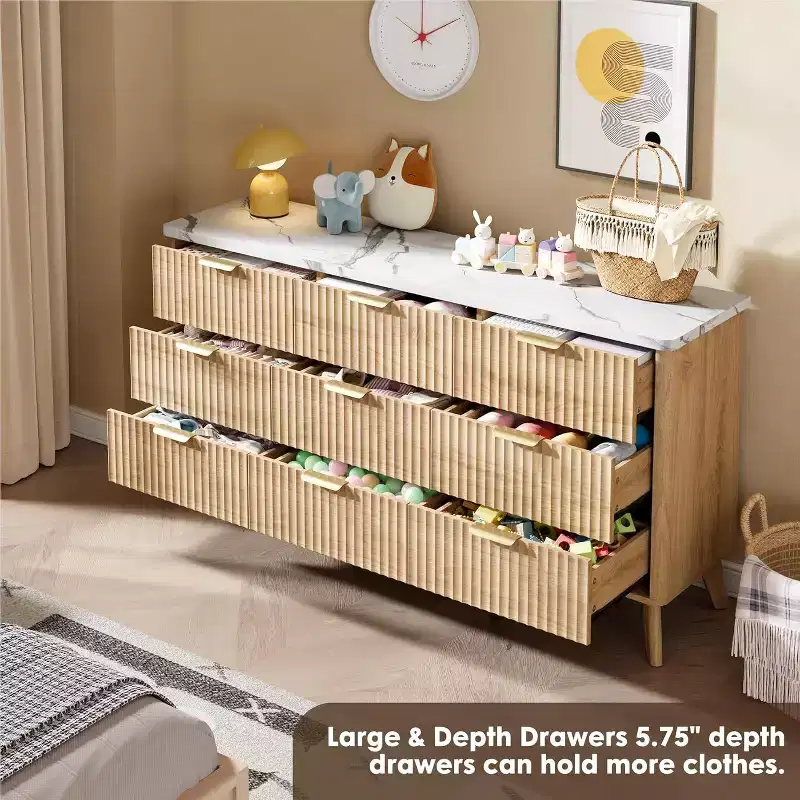 Commode cannelée à 9 tiroirs, commode moderne, meuble TV en bois, design à profil incurvé, pour salon, couloir