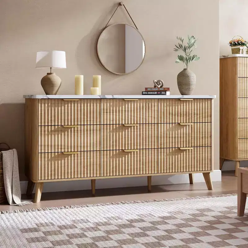 Commode cannelée à 9 tiroirs, commode moderne, meuble TV en bois, design à profil incurvé, pour salon, couloir