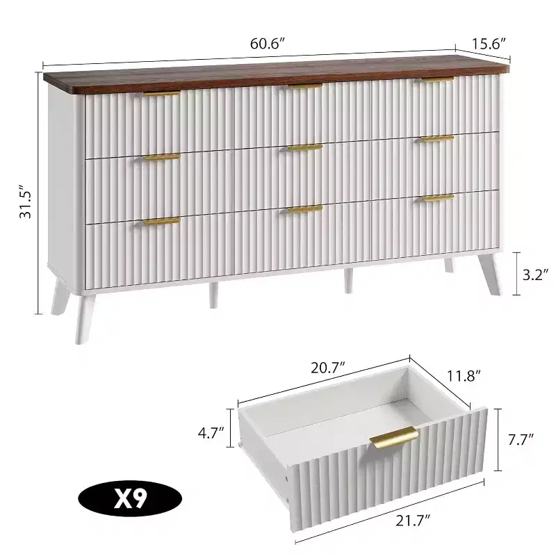 Commode cannelée à 9 tiroirs, commode moderne, meuble TV en bois, design à profil incurvé, pour salon, couloir