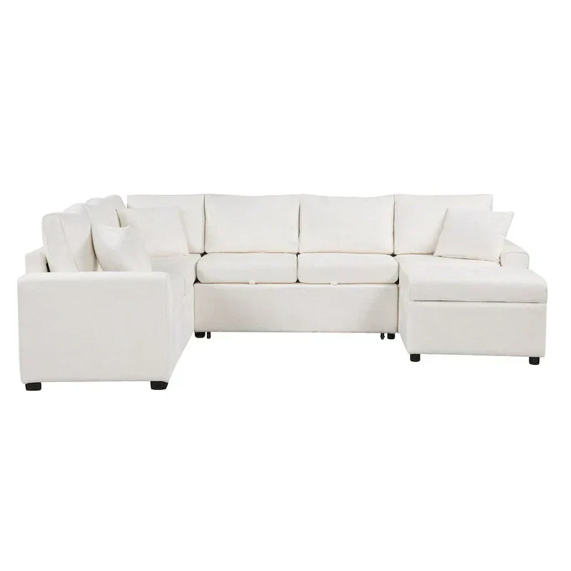 Canapé d'angle en chenille convertible, canapé-lit en forme de L avec pouf de rangement, 3 oreillers et dispositifs de charge