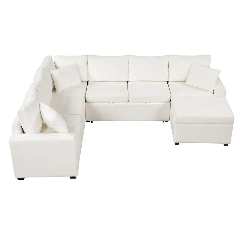 Canapé d'angle en chenille convertible, canapé-lit en forme de L avec pouf de rangement, 3 oreillers et dispositifs de charge