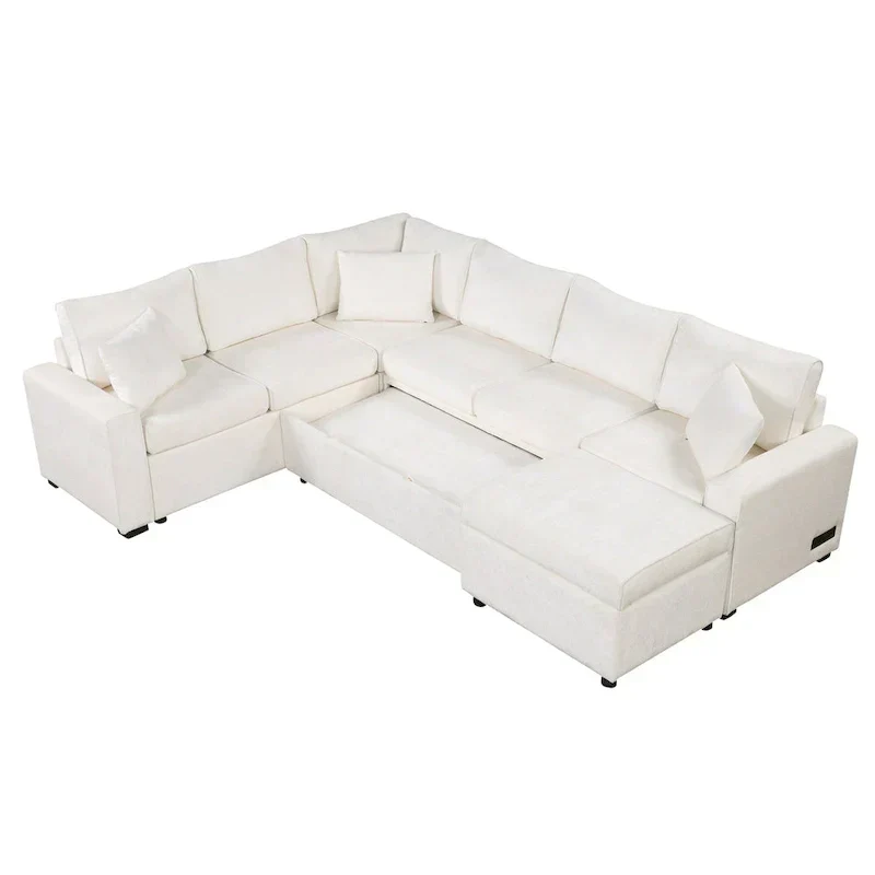 Canapé d'angle en chenille convertible, canapé-lit en forme de L avec pouf de rangement, 3 oreillers et dispositifs de charge