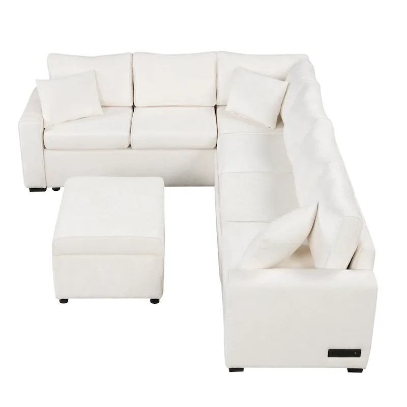Canapé d'angle en chenille convertible, canapé-lit en forme de L avec pouf de rangement, 3 oreillers et dispositifs de charge