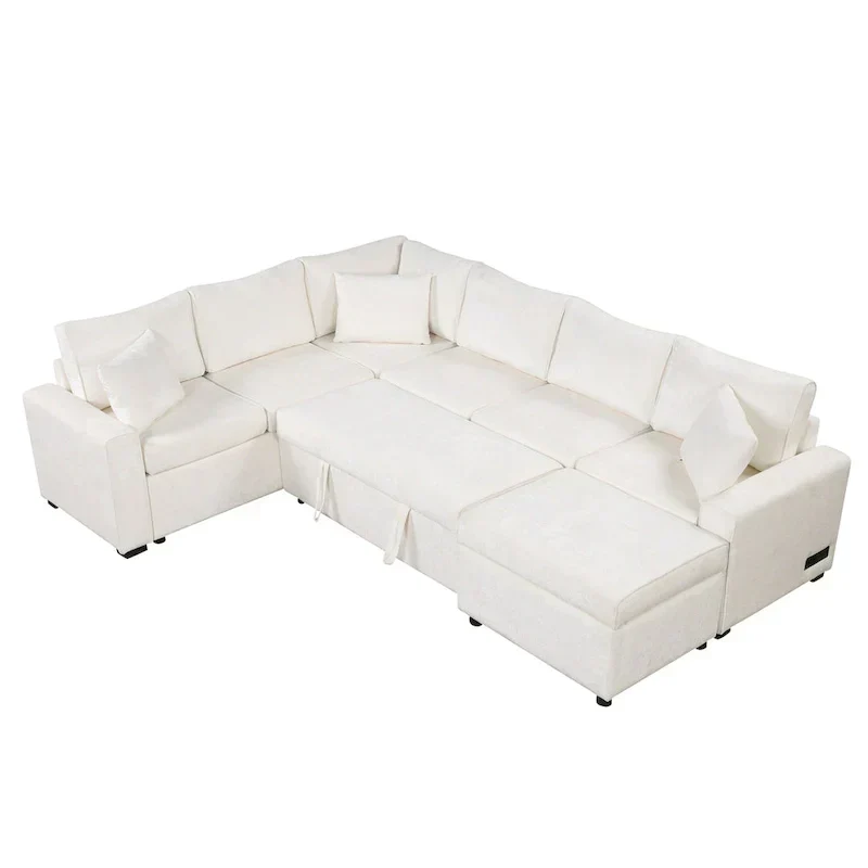 Canapé d'angle en chenille convertible, canapé-lit en forme de L avec pouf de rangement, 3 oreillers et dispositifs de charge