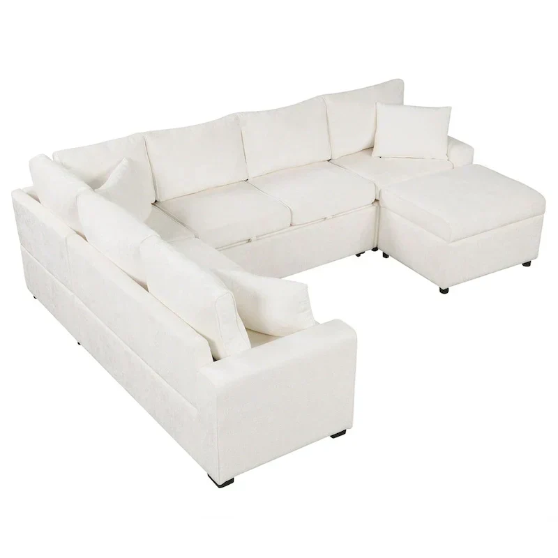 Canapé d'angle en chenille convertible, canapé-lit en forme de L avec pouf de rangement, 3 oreillers et dispositifs de charge