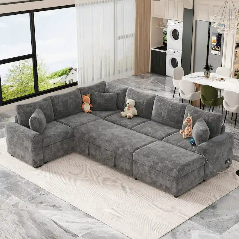 Canapé d'angle en chenille convertible, canapé-lit en forme de L avec pouf de rangement, 3 oreillers et dispositifs de charge