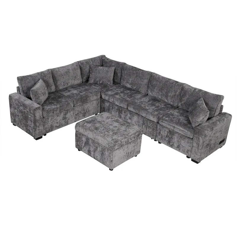 Canapé d'angle en chenille convertible, canapé-lit en forme de L avec pouf de rangement, 3 oreillers et dispositifs de charge