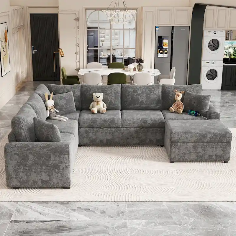 Canapé d'angle en chenille convertible, canapé-lit en forme de L avec pouf de rangement, 3 oreillers et dispositifs de charge