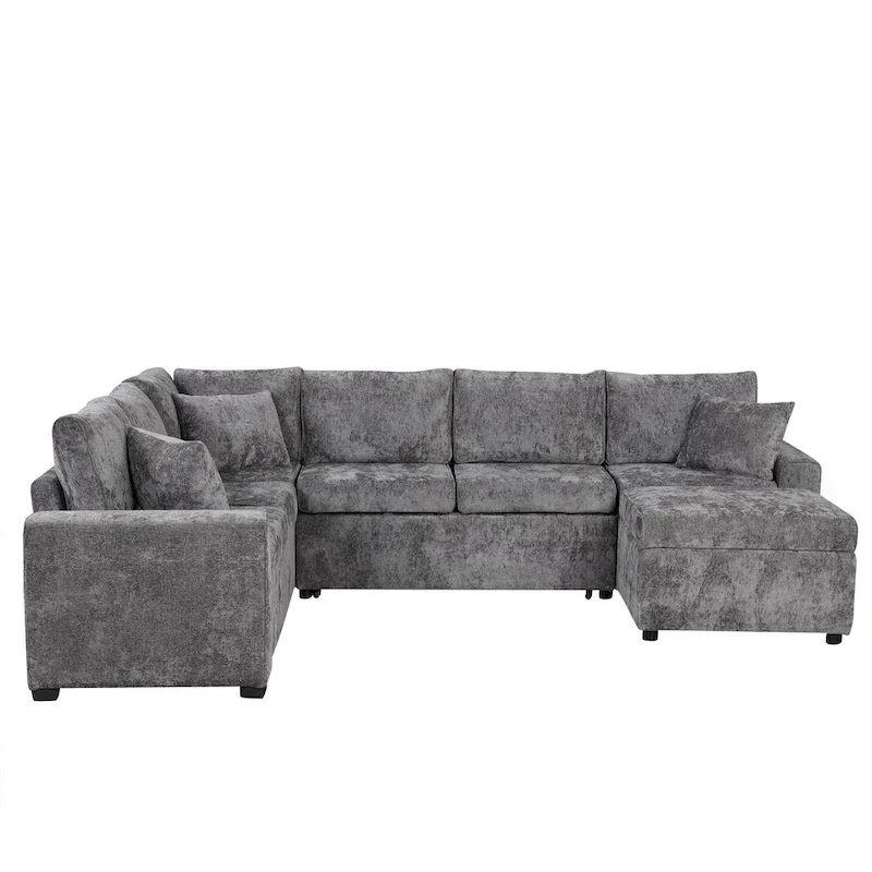 Canapé d'angle en chenille convertible, canapé-lit en forme de L avec pouf de rangement, 3 oreillers et dispositifs de charge