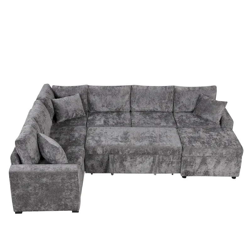 Canapé d'angle en chenille convertible, canapé-lit en forme de L avec pouf de rangement, 3 oreillers et dispositifs de charge