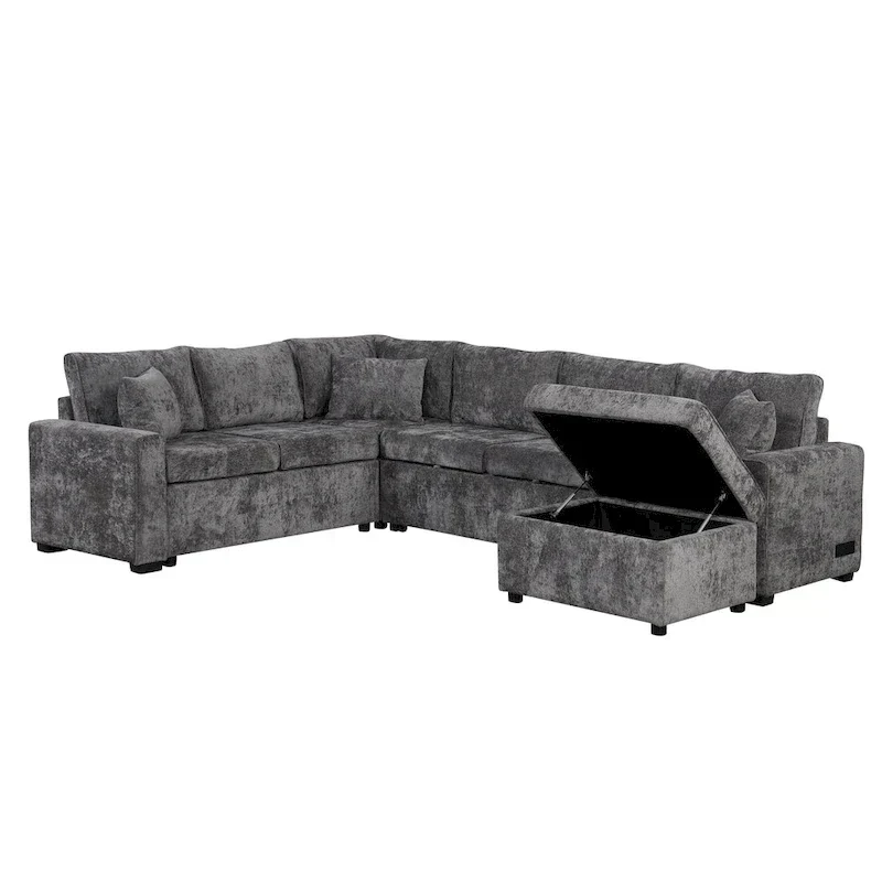 Canapé d'angle en chenille convertible, canapé-lit en forme de L avec pouf de rangement, 3 oreillers et dispositifs de charge