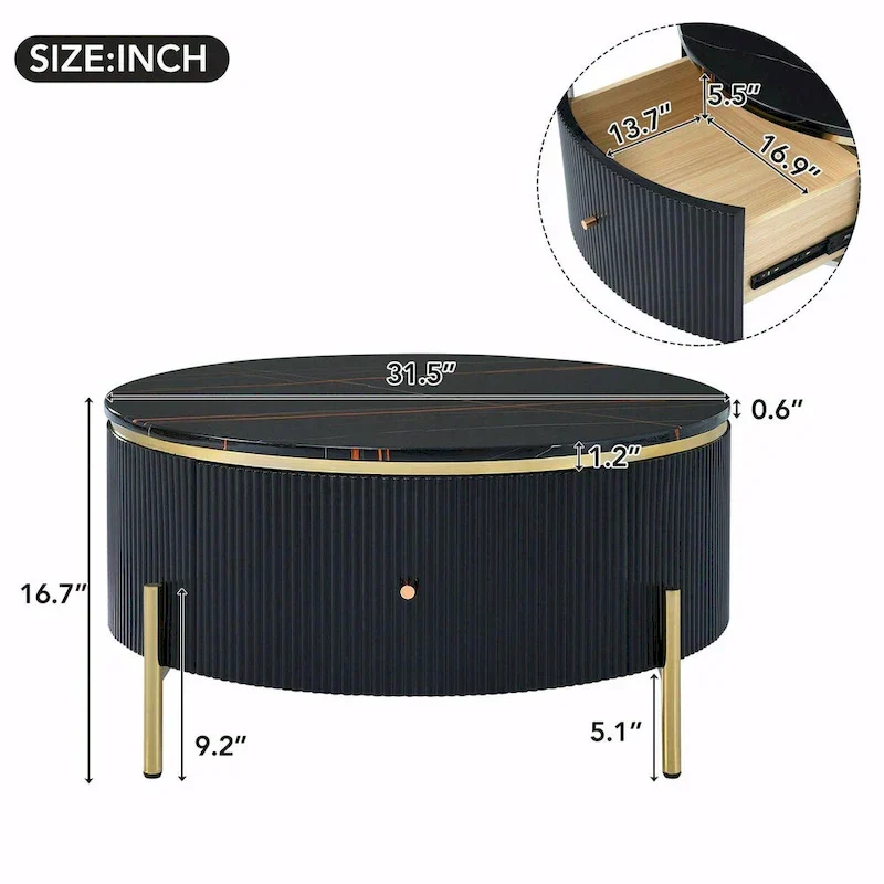 Table basse ronde moderne de 31,5 po avec grand tiroir de rangement