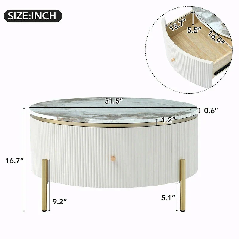 Table basse ronde moderne de 31,5 po avec grand tiroir de rangement