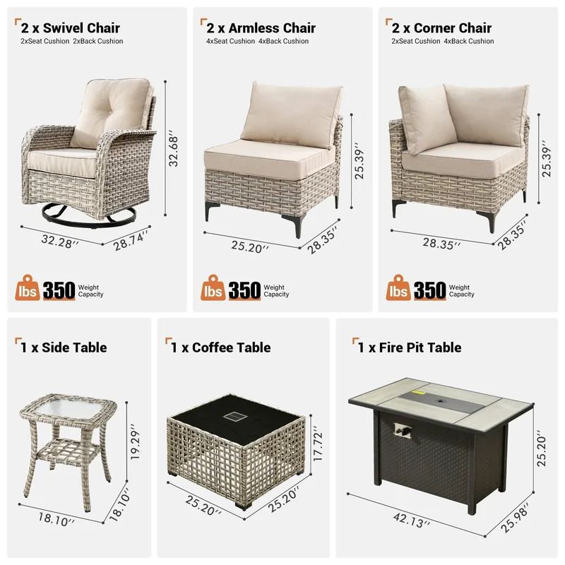 Ensemble de 9 chaises pivotantes en osier d'extérieur OVIOS avec table brasero