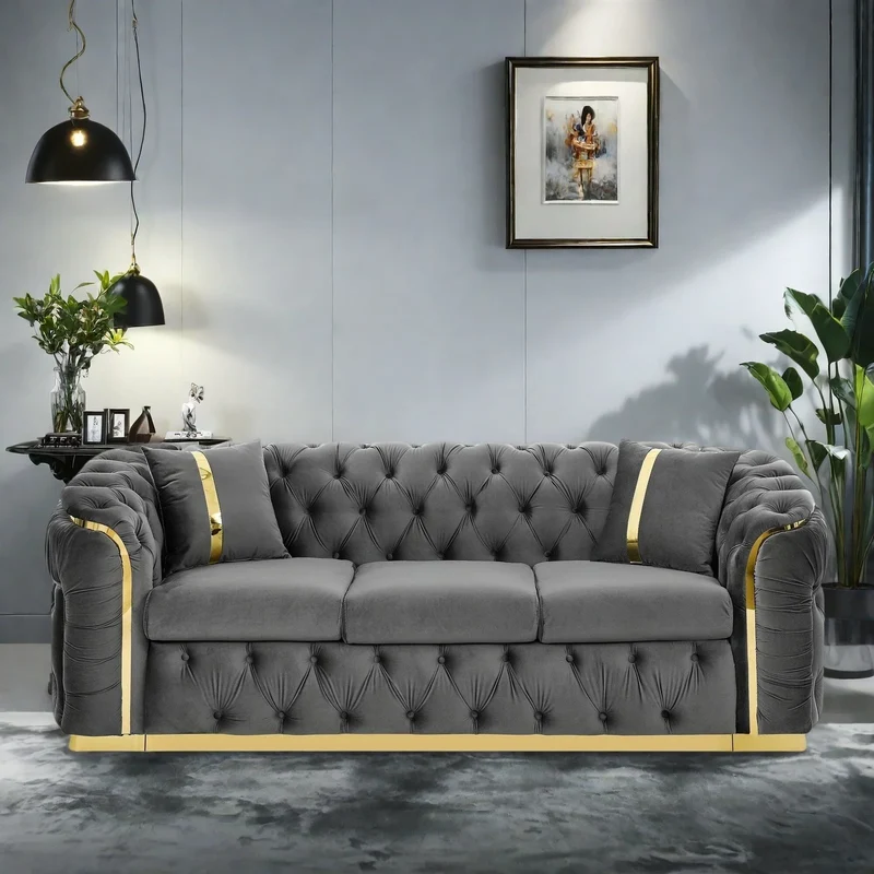 Canapé 3 places Velvet 90,6 po avec 2 oreillers, coussins haute densité, accents dorés et oreillers