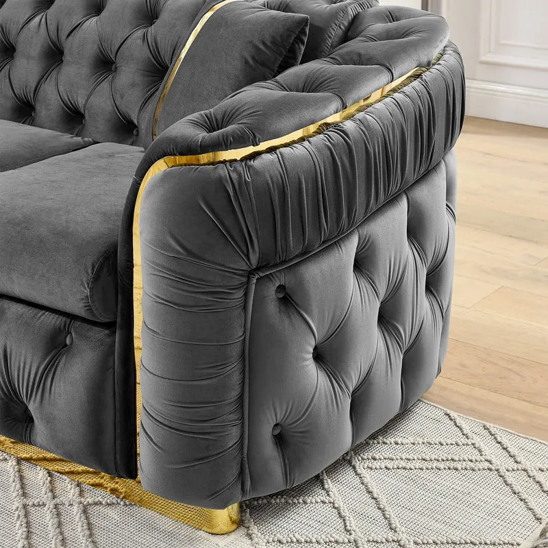 Canapé 3 places Velvet 90,6 po avec 2 oreillers, coussins haute densité, accents dorés et oreillers