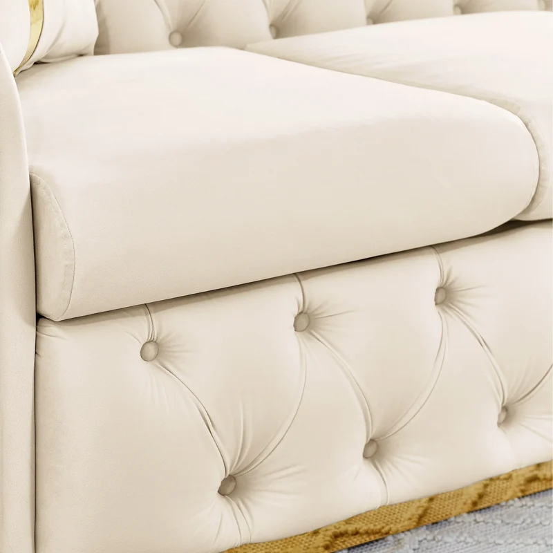 Canapé 3 places Velvet 90,6 po avec 2 oreillers, coussins haute densité, accents dorés et oreillers