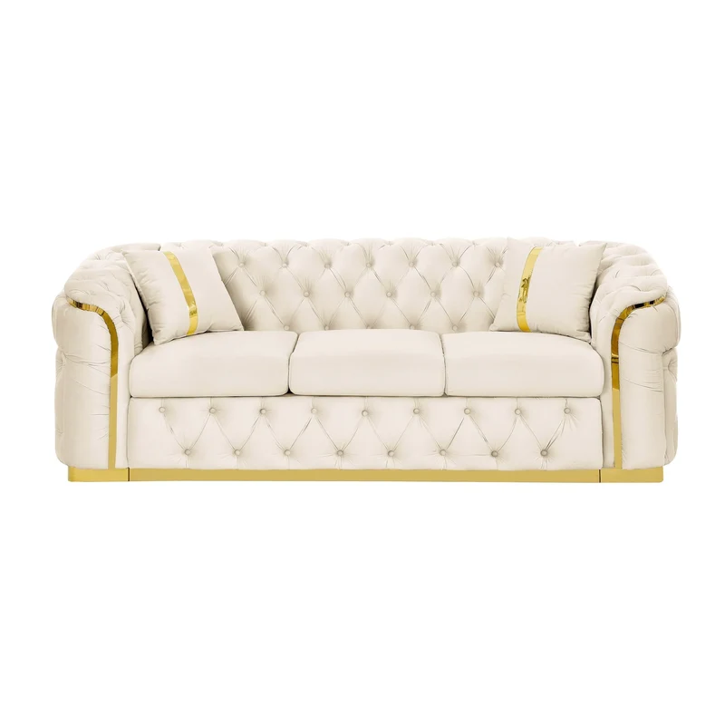 Canapé 3 places Velvet 90,6 po avec 2 oreillers, coussins haute densité, accents dorés et oreillers